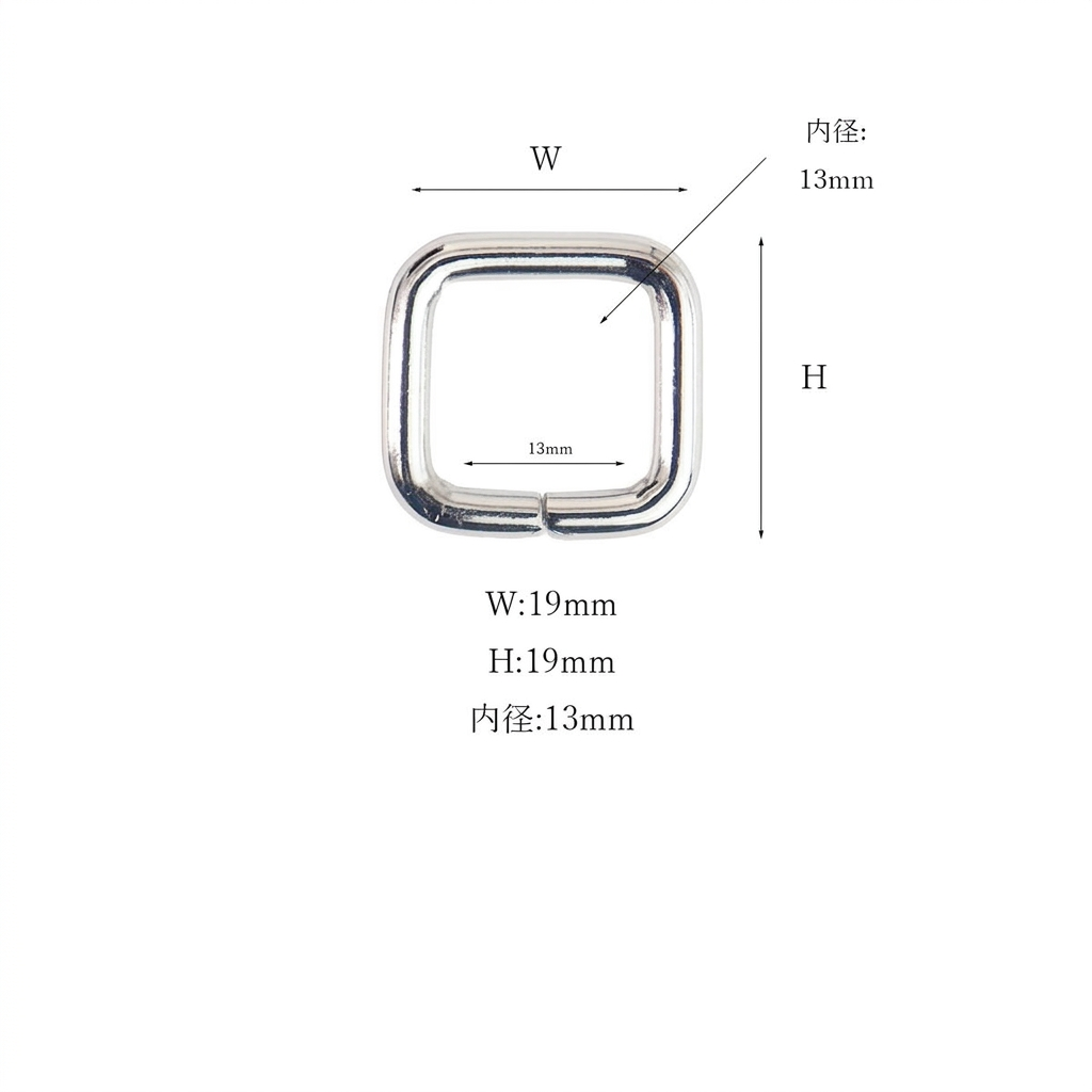 鉄製角カン 内寸13×13mm・外寸19×19mm 白背景寸法図